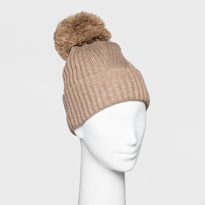 Women's Ribbed Cuff Pom Beanie - A New Day Oatmeal Heather