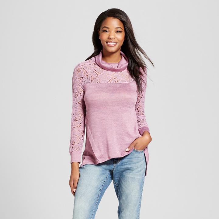 Women's Long Sleeve Lace Illusion Cowl Neck Top - 3hearts (juniors') Mauve