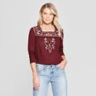 Women's Floral Print Long Sleeve Embroidered Lace Rib Knit Blouse - Knox Rose Burgundy