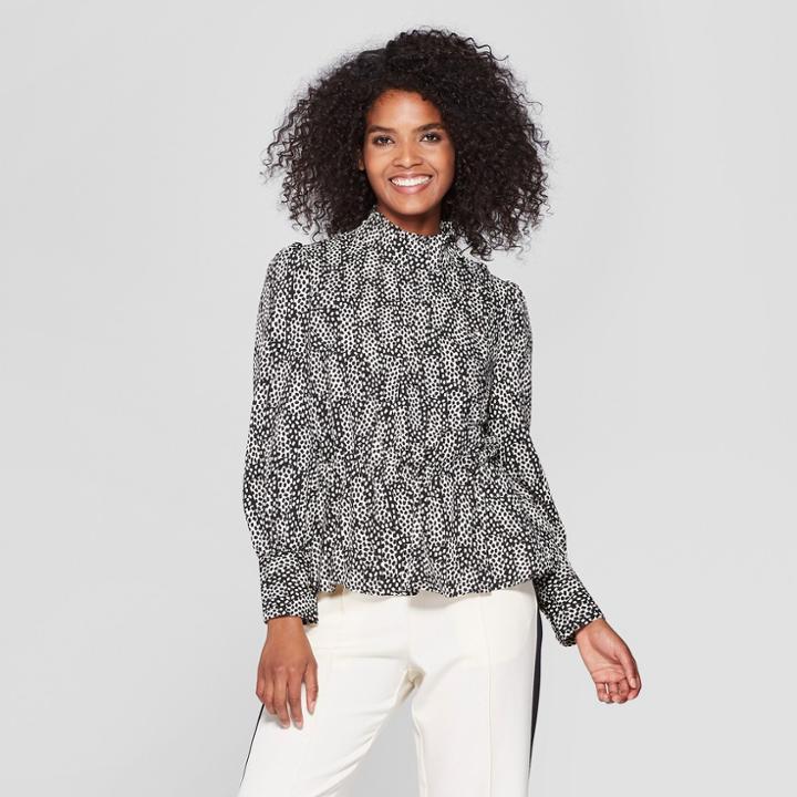 Women's Polka Dot Long Sleeve Asymmetric Button Turtleneck Blouse - Who What Wear Black S, Black Polka Dot