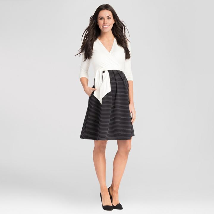 Maternity Striped V-neck Nursing Dress - Expected By Lilac - Ivory/black Xl, Black White