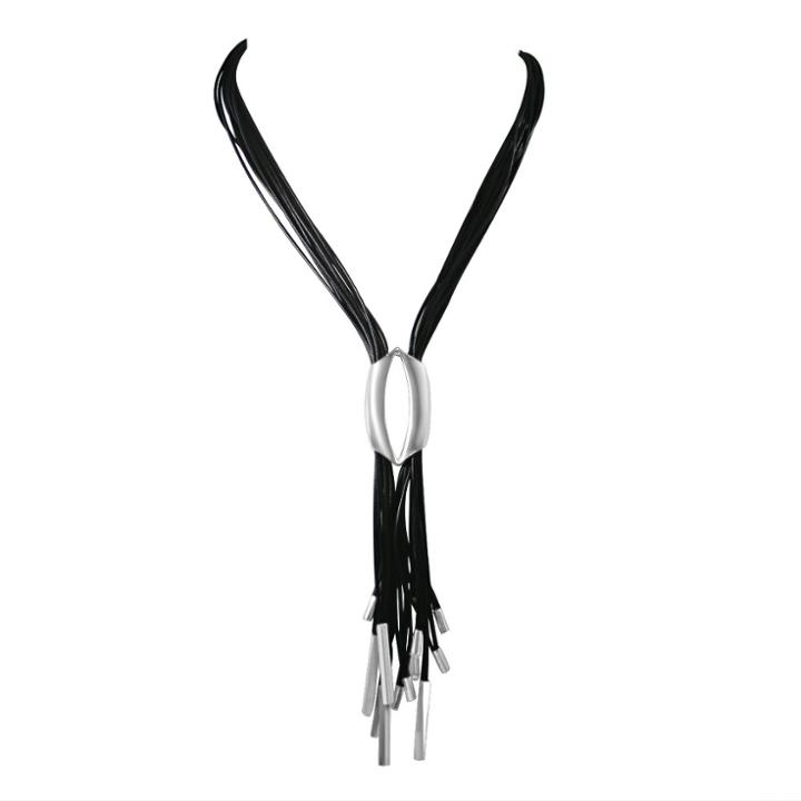 Zirconmania Zirconite Multi-strand Leather With Center Polished Metal Tube Tassel Necklace - 36 - Black/silver