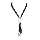 Zirconmania Zirconite Multi-strand Leather With Center Polished Metal Tube Tassel Necklace - 36 - Black/silver