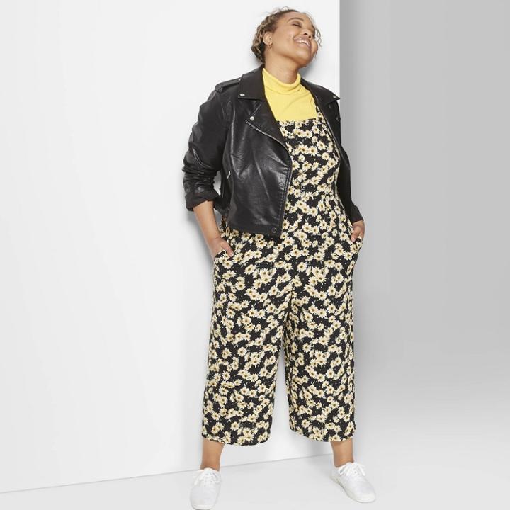 Women's Plus Size Floral Print Button Front Jumpsuit - Wild Fable Black