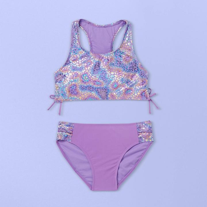 Girls' Iridescent Foil Animal Print Bikini Set - More Than Magic Purple