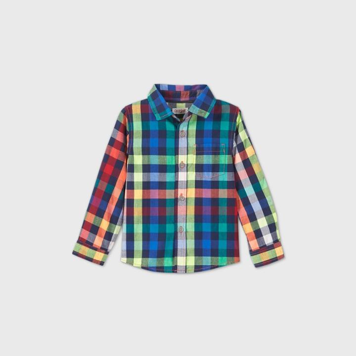 Toddler Boys' Long Sleeve Woven Plaid Button-down Shirt - Cat & Jack Blue