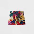 Women's Leaf Print Mid-rise Tie Waist Shorts - A New Day Blue S, Women's,