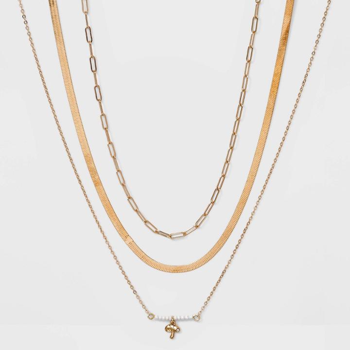 Snake And Flat Link Mushroom Chain Necklace Set 3pc - Wild Fable Gold