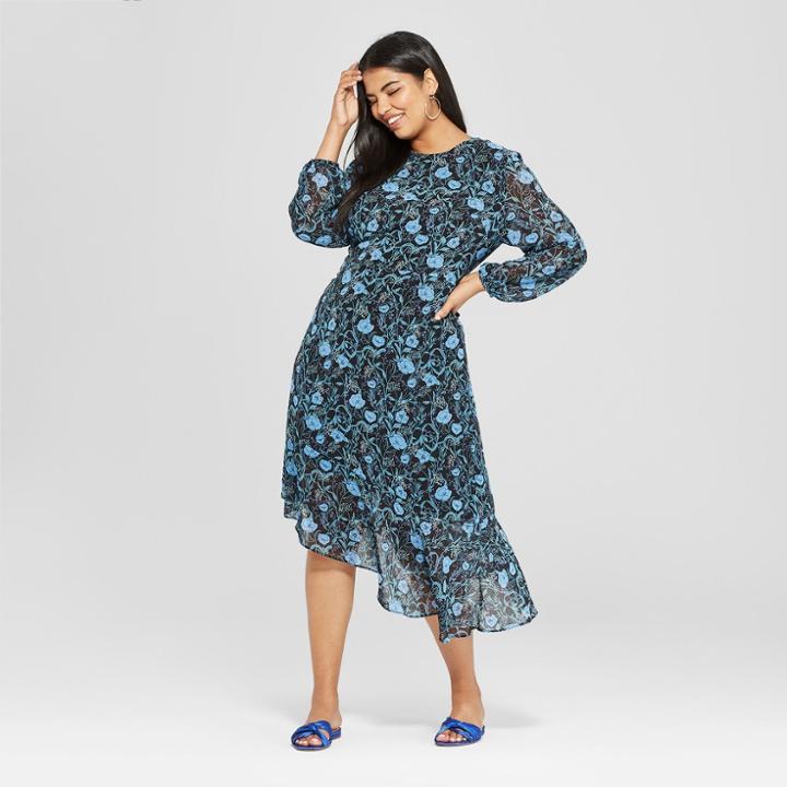 Women's Plus Size Floral Print Long Sleeve Waterfall Hem Dress - Who What Wear Blue/black 1x, Blue/black Floral