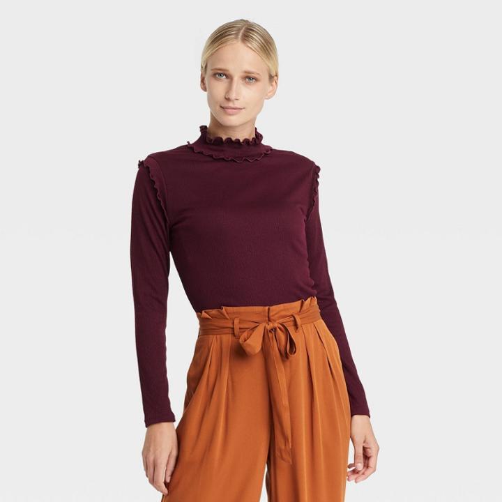 Women's Ruffle Long Sleeve Top - Who What Wear Wine Red