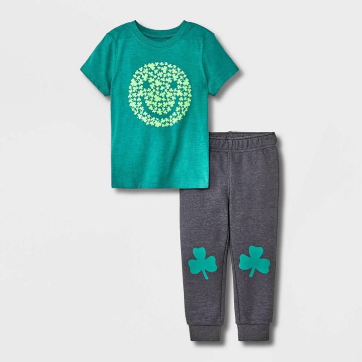 Toddler Boys' 2pc Clover Smiley Short Sleeve Knit T-shirt And Fleece Jogger Set - Cat & Jack Green