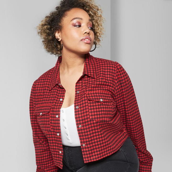 Women's Plus Size Long Sleeve Plaid Button-down - Wild Fable Red