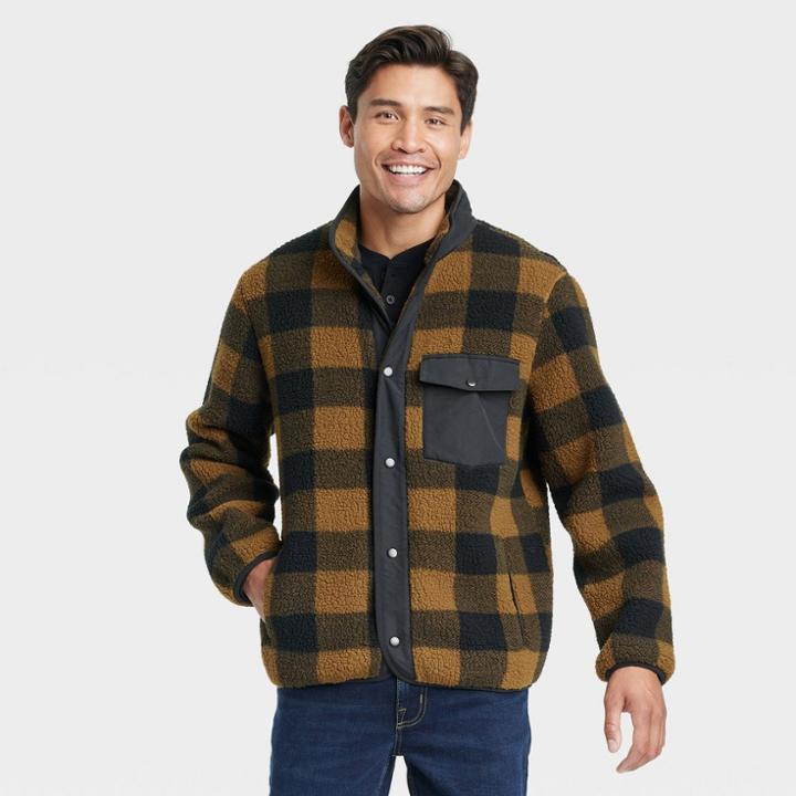 Men's Big & Tall Buffalo Plaid Sherpa Faux Fur Jacket - Goodfellow & Co Brown