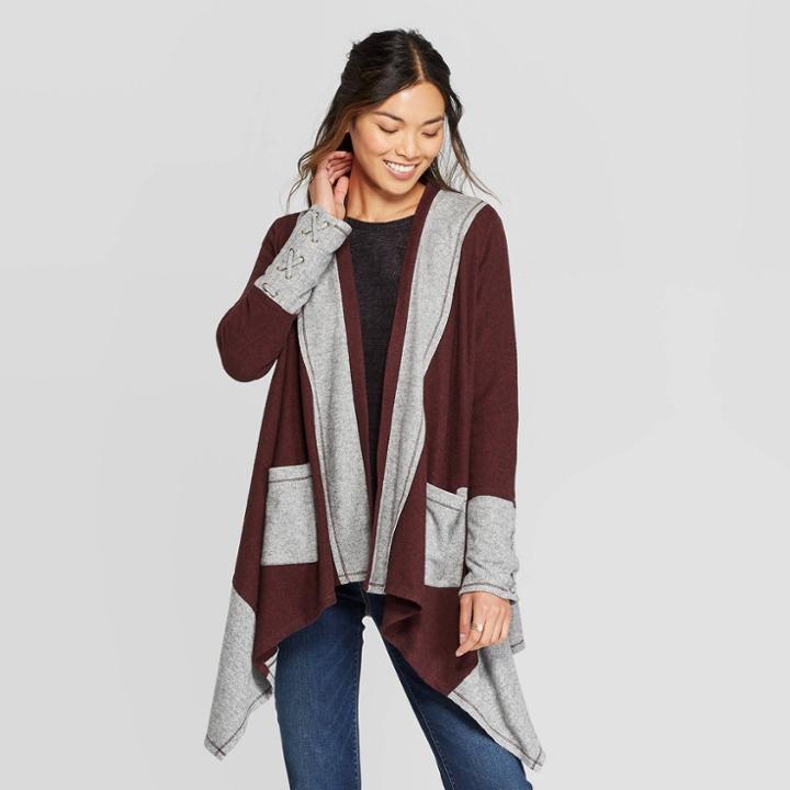 Women's Long Sleeve Colorblock Cardigan With Pockets And Lace-up Sleeve Detail - Knox Rose Burgundy Xs, Women's, Brown