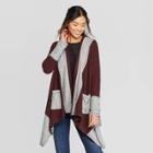 Women's Long Sleeve Colorblock Cardigan With Pockets And Lace-up Sleeve Detail - Knox Rose Burgundy Xs, Women's, Brown