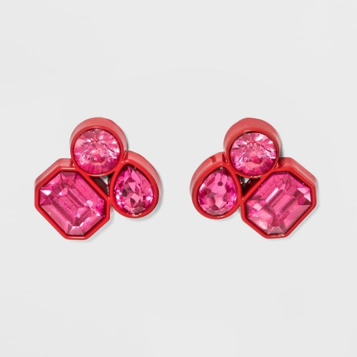 Cluster Stone Button Earrings - A New Day Fuchsia