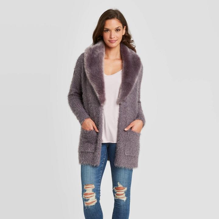 Women's Cardigan With Removable Faux Fur Collar - Knox Rose Gray