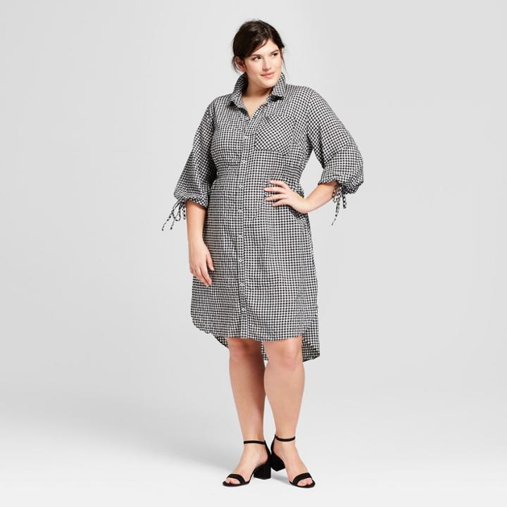 Women's Plus Size Gingham Long Sleeve Shirtdress - Ava & Viv Black X