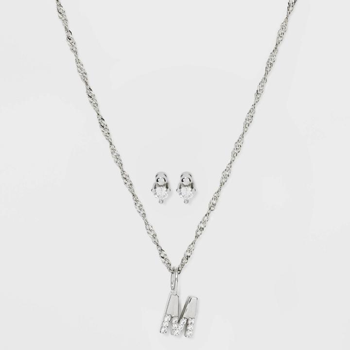 Silver Plated Cubic Zirconia 'm' Initial Earring And Pendant Necklace Set - A New Day