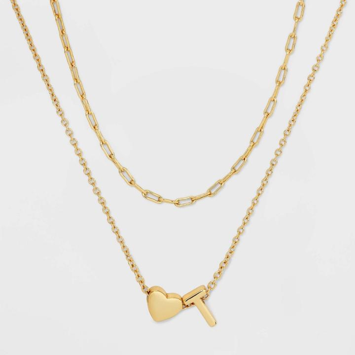 14k Gold Dipped 't' Initial With Heart Chain Necklace - A New Day Gold