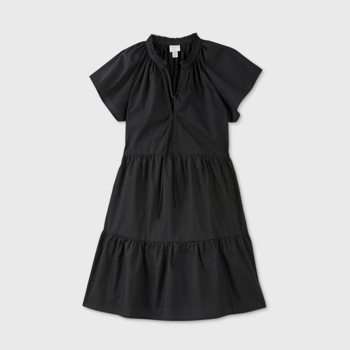 Women's Short Sleeve Poplin Babydoll Dress - A New Day Black
