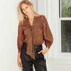 Women's Leopard Print Ballon Long Sleeve Soft Bow Blouse - Who What Wear Brown