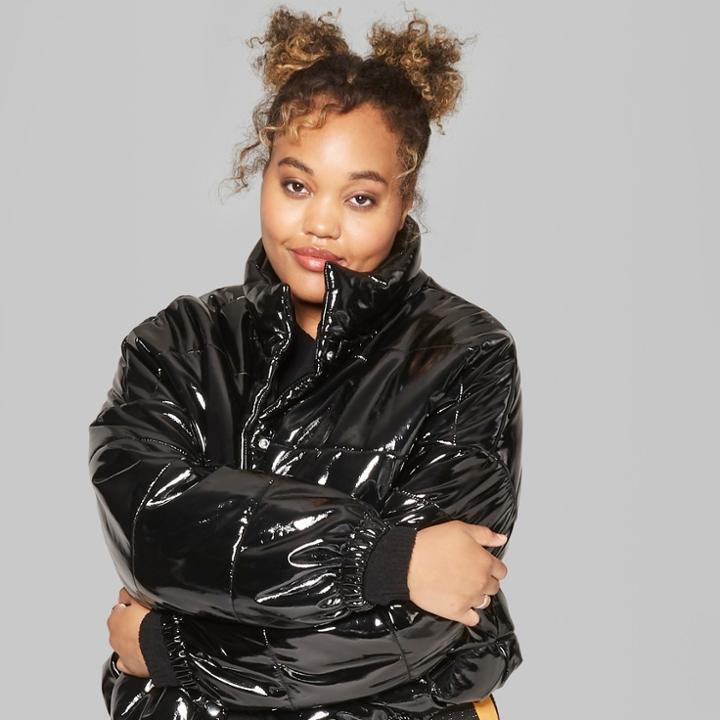 Women's Plus Size Drop Shoulder Zip-up Puffer Jacket - Wild Fable Black