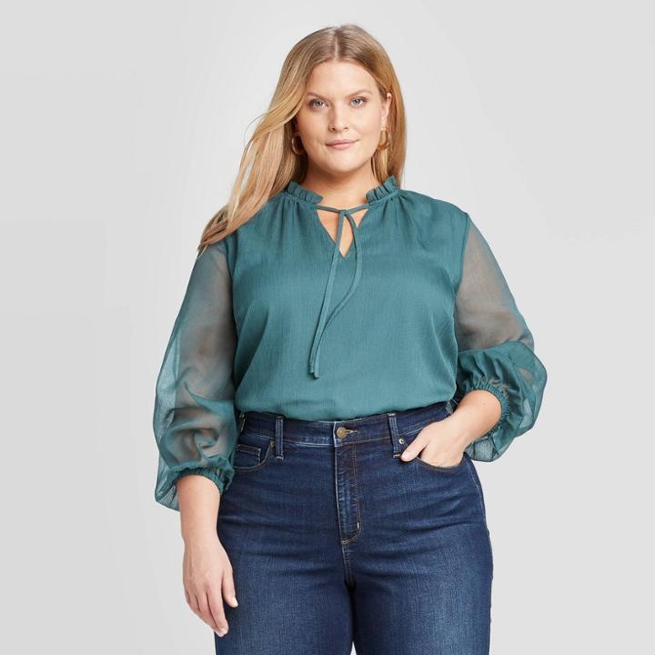 Women's Plus Size Long Sleeve Tie V-neck Blouse - Ava & Viv Green X, Women's