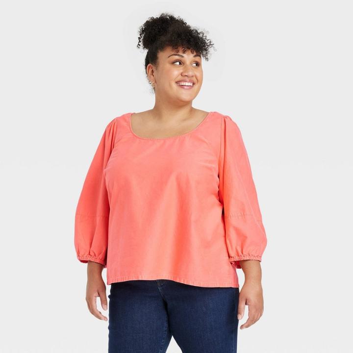 Women's Plus Size Balloon 3/4 Sleeve Blouse - Ava & Viv Coral Orange X