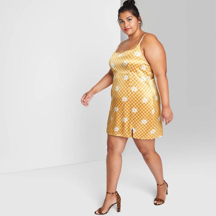 Women's Plus Size Notch Slip Dress - Wild Fable Yellow Check