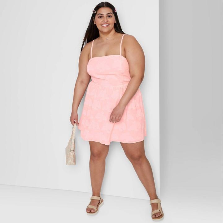 Women's Plus Size Sleeveless Square Neck Open Back Jacquard Skater Dress - Wild Fable Pink Floral