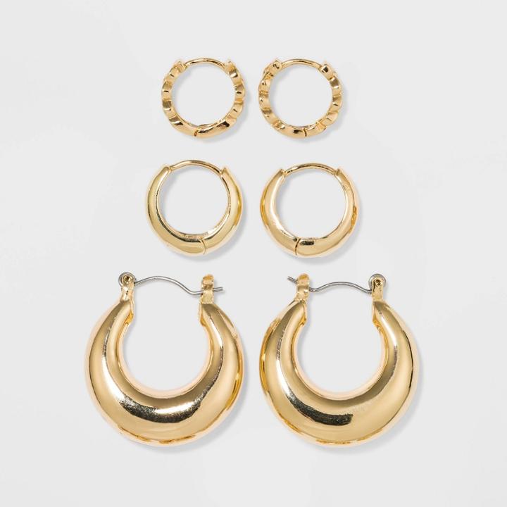 Shiny Gold Trio Hoop Earring Set 3pc - Wild Fable Gold