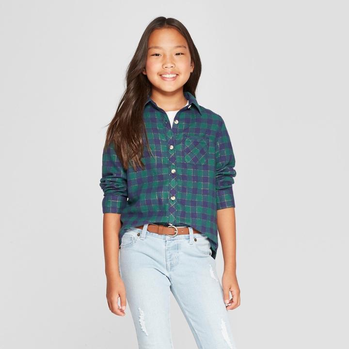 Girls' Long Sleeve Woven Button-down Shirt - Cat & Jack Green
