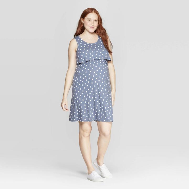 Maternity Polka Dot Round Neck Double Layer Nursing Dress - Isabel Maternity By Ingrid & Isabel Indigo Xs, Women's, Blue