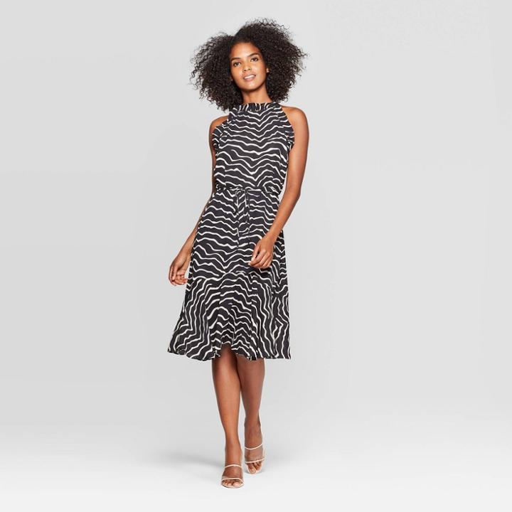 Women's Animal Print Sleeveless Halter Neck A Line Midi Dress - Who What Wear Black