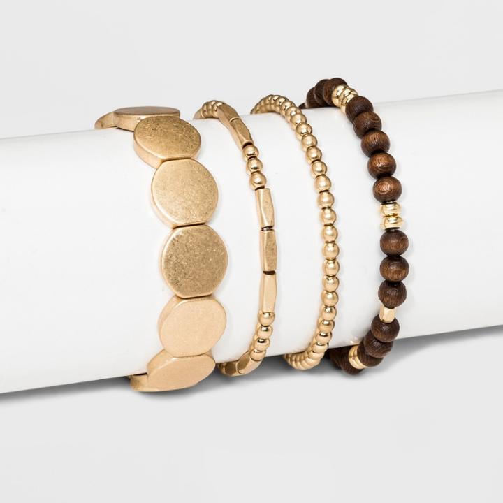 Wood Beads, Acrylic/metal Beads Multi 4 Row Stretch Bracelet Set - Universal Thread