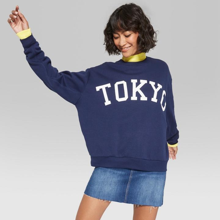 Women's Oversized Crew Neck Pullover Sweatshirt Graphic Tokyo - Wild Fable Oxford Blue