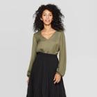 Women's Long Sleeve V-neck Blouse - A New Day Olive