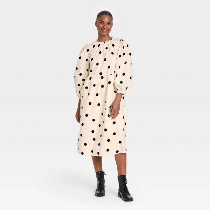 Women's Polka Dot Balloon Long Sleeve Tie-back Dress - Who What Wear Cream