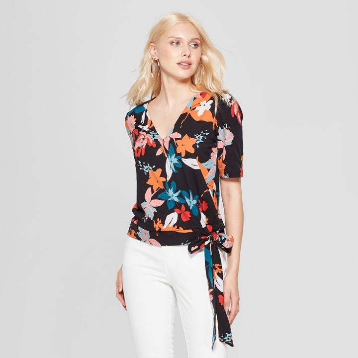 Women's Floral Print Knit Wrap Top - A New Day Black/coral