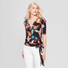 Women's Floral Print Knit Wrap Top - A New Day Black/coral