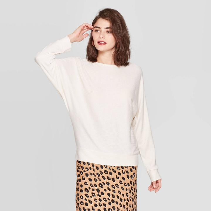 Women's Casual Fit Dolman Long Sleeve Boat Neck Rib Snit T-shirt - A New Day Oatmeal