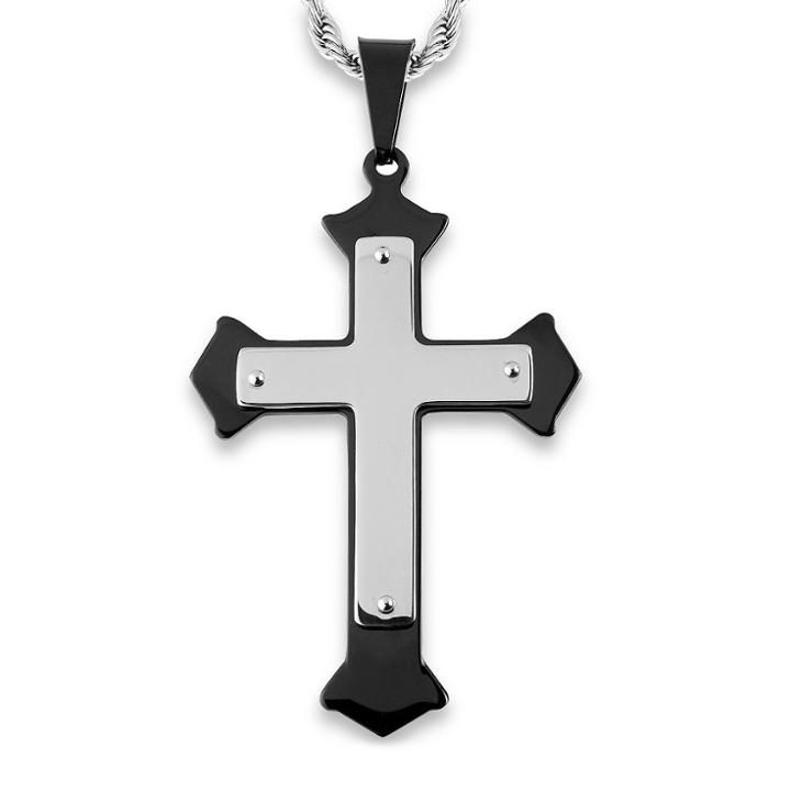 Men's West Coast Jewelry Blackplated Stainless Steel Flared Layer Cross Pendant, Black