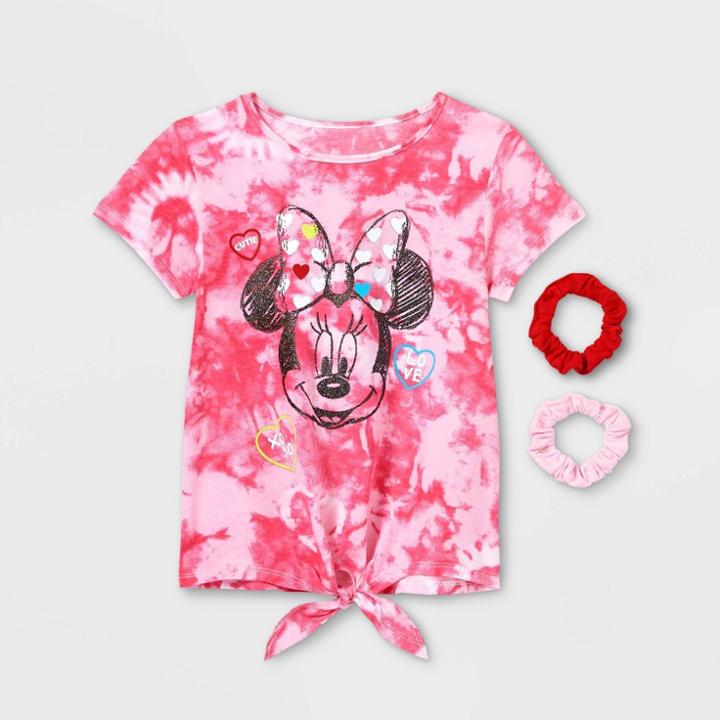 Girls' Disney Minnie Mouse Tie-dye Short Sleeve Graphic T-shirt With Scrunchies - Pink