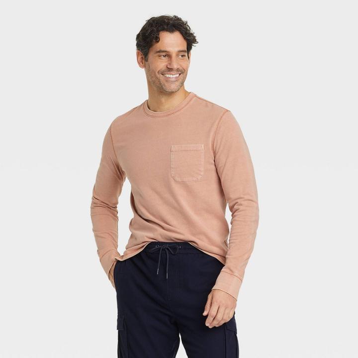 Men's Standard Fit Long Sleeve Crewneck T-shirt - Goodfellow & Co Peach Orange
