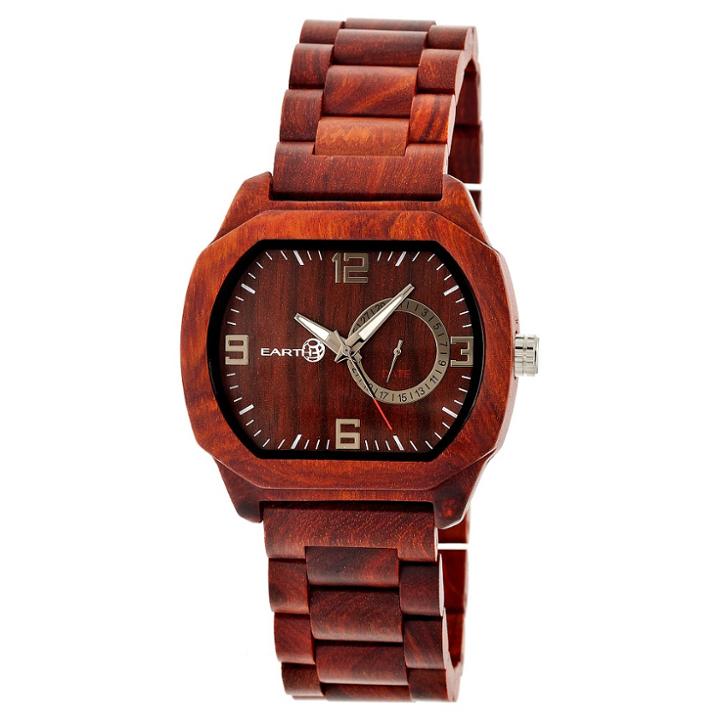 Men's Earth Scaly Wood Bracelet Watch With Date Subdial-red, Red