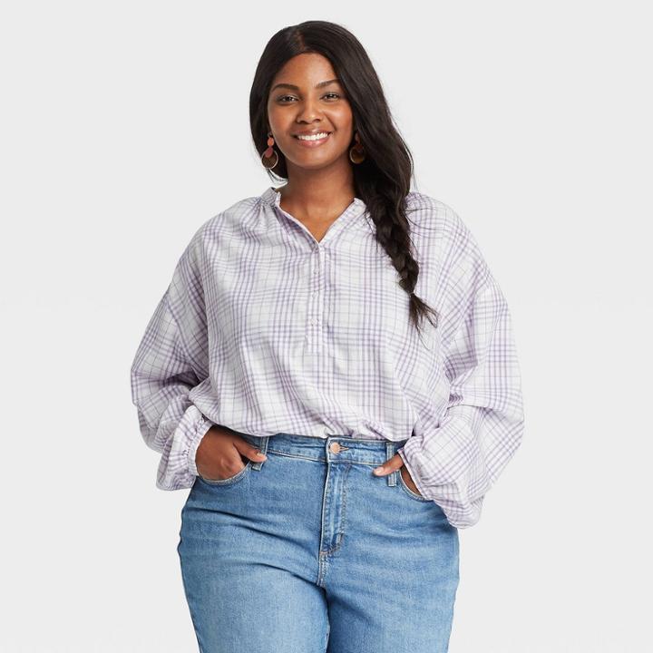 Women's Plus Size Balloon Long Sleeve Poet Top - Universal Thread Lilac Plaid 3x, Purple Plaid