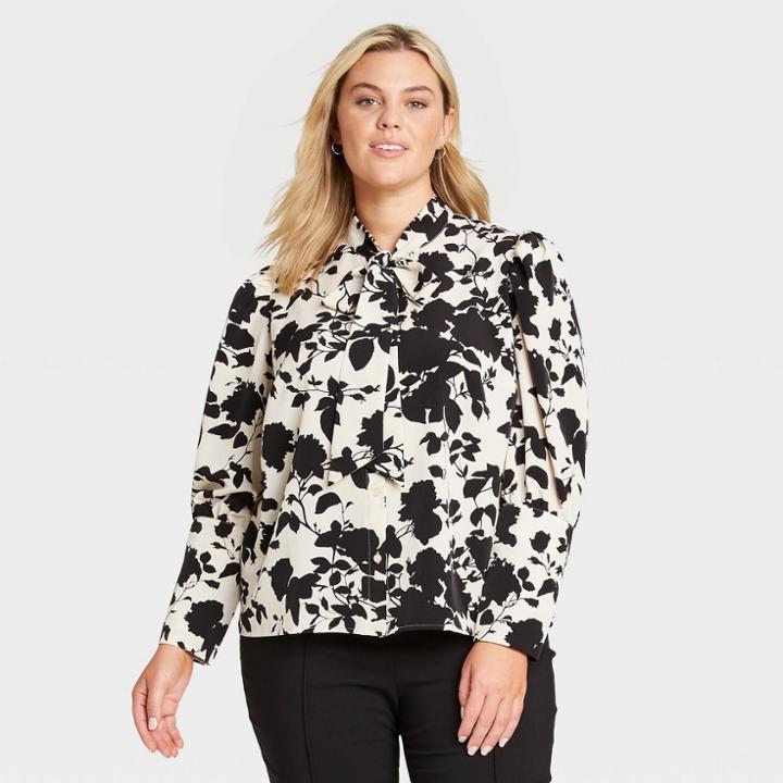 Women's Plus Size Floral Print Puff Long Sleeve Blouse - Who What Wear Cream