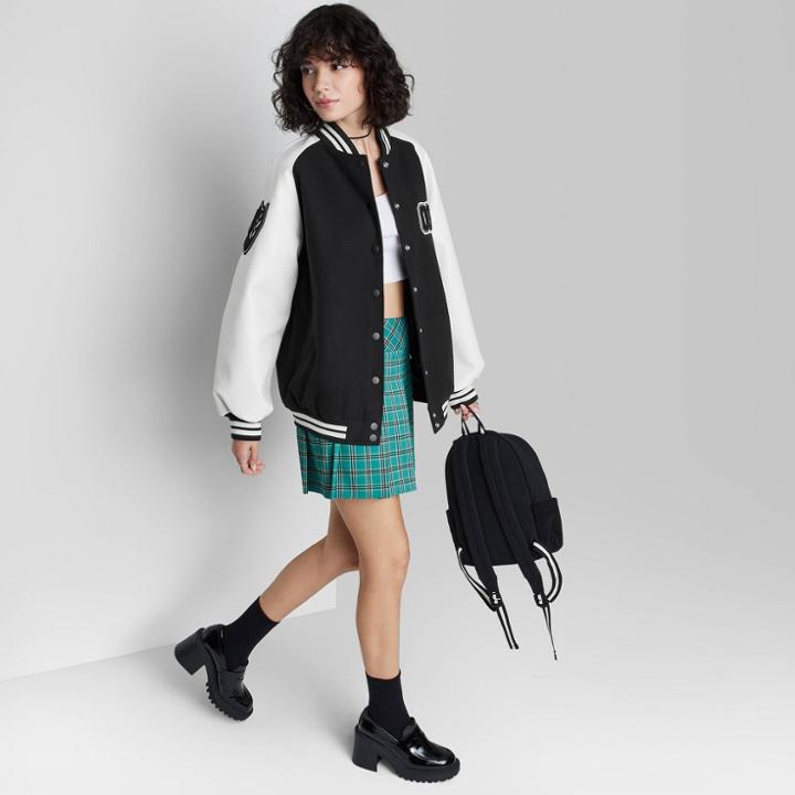 Women's Faux Leather Varsity Jacket - Wild Fable Black Colorblock