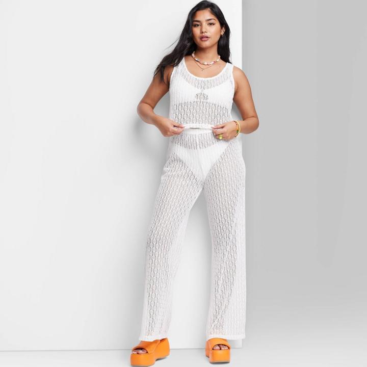 Women's High-rise Crochet Knit Flare Pants - Wild Fable White